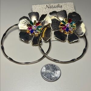 Natasha Gold Floral Hoop Earrings with Multicolor Gems